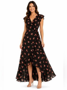 If By Sea Black Floral Ruffle Wrap Maxi Dress Medium Romantic Cottagecore